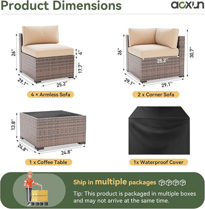 Aoxun 7 Piece Patio Furniture Set, Wicker Patio Sectional Sofa, Outdoor Furniture Set with Thickened Cushion, Brown