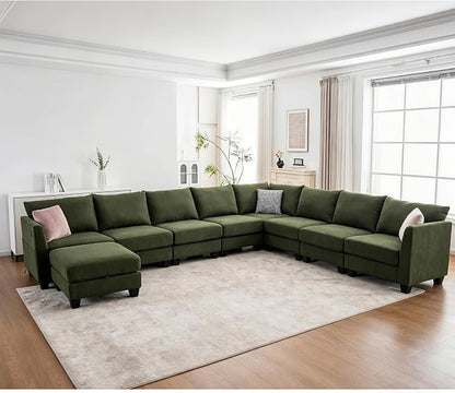 150.4" Large Sectional Couches for Living Room, 8 Seater L Shaped Modular Sectional Sofa with Storage Ottoman & USB, Oversized Corner Couch for Living Room（Green）