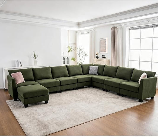 150.4" Large Sectional Couches for Living Room, 8 Seater L Shaped Modular Sectional Sofa with Storage Ottoman & USB, Oversized Corner Couch for Living Room（Green）