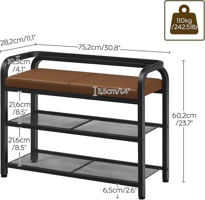 YATINEY Shoe Bench with Backrest, Entryway Bench, 2-Tier Shoe Rack with PU Padded Seat, Upholstered Shoe Storage Bench with Back, for Hallway, Entryway, Foyer, Bedroom, Brown and Black HX04BV