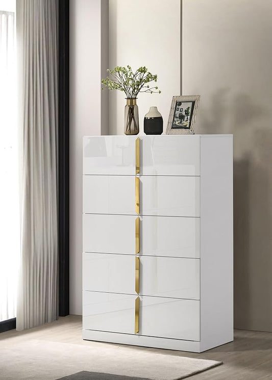 Coaster Home Furnishings - INES - Wood - 5-Drawer Chest with Vertical Gold Pulls, English Dovetail Joinery and Contemporary Design - Bedroom - White High Gloss - 223095