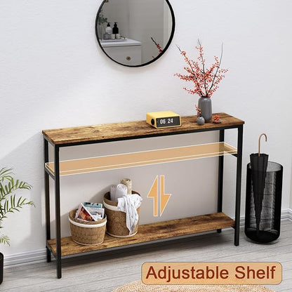 Timberer Narrow Console Table, 47 Inch Sofa Table with Adjustable Shelf, 2-Tier Long Skinny Table for Hallway, Entryway, Living Room, Foyer, Rustic Brown