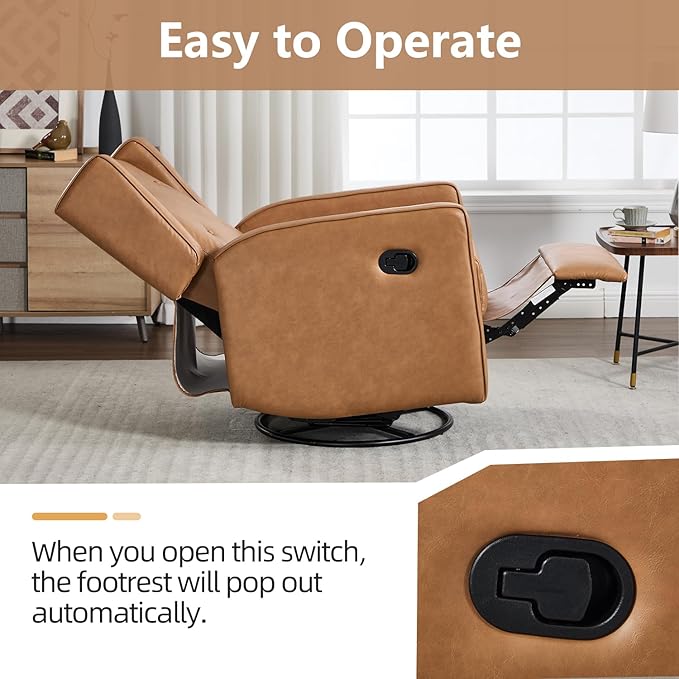 CANMOV Swivel Rocker Recliner Chair, Nursery Glider Chair, Nursery Rocking Chairs, Manual Reclining Chair, Brown