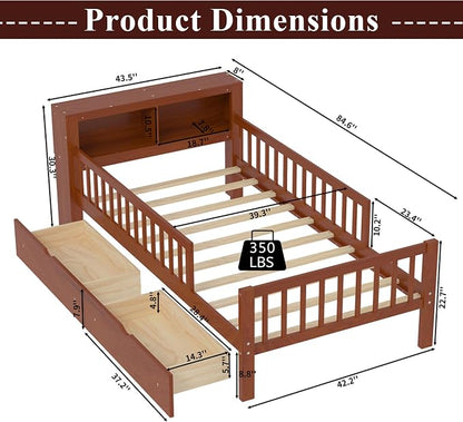 Bellemave Kids Twin Bed Frame with Fences, 2 Drawers & Storage Headboard, Twin Size Platform Bed with 3-Side Guardrails for Kids, Girls & Boys, Walnut
