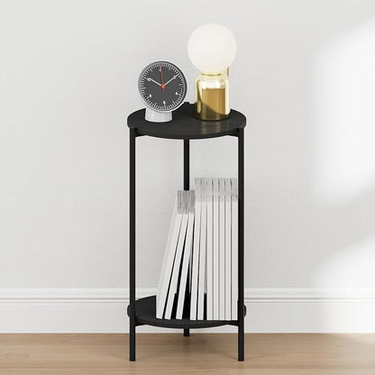 Furinno BESI Night Stand, 2-Tier Tall Round Nightstand with Metal Legs, Metal Frame Narrow End Table with Open Shelf, Side Table, Bedside Table, for Bedroom, Closet, Dorm, Americano