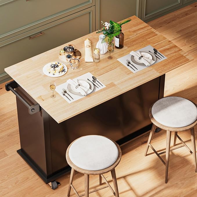 JassmiPkwy 51.2'' Rolling Kitchen Island Cart with Drop Leaf Countertop, Kitchen Carts on Wheels with Storage, 2 Drawers, Towel Rack Island for Dining Room, Black