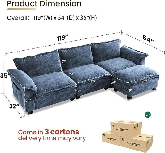 KKL 123 Inch L-Shaped Modular Sectional Sofa, 4 Seater Cloud Couch with Ottoman, Chenille Sectional Couches for Living Room, Apartment, Blue