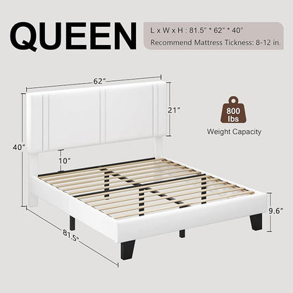Einhomn Upholstered Queen Size Bed Frame with Velvet Fabric Headboard, Strong Wooden Slats Support, Noise Free, No Box Spring Needed, White