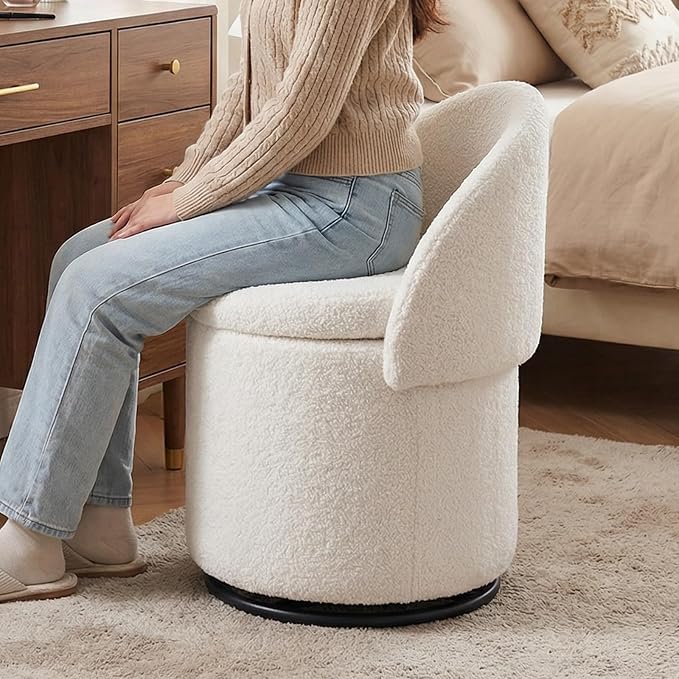 LukeAlon Sherpa Makeup Ottoman with Storage, Upholstered 360° Swivel Vanity Stool with Foldable Backrest Modern Cylindrical Footrest Stool for Living Room Bedroom, White