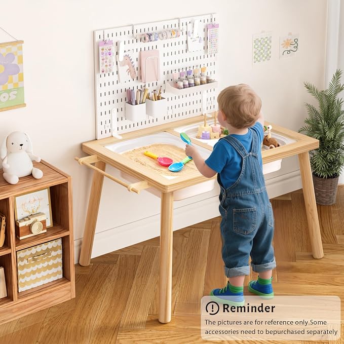 Easyego Sensory Table for Toddlers Kids Play Wooden Sand Water Table with Can DIY Creation Pegboard & Foldable Storage Bins for Indoor and Outdoor Use, Birthday Gifts for Boys and Girls - Wood Color