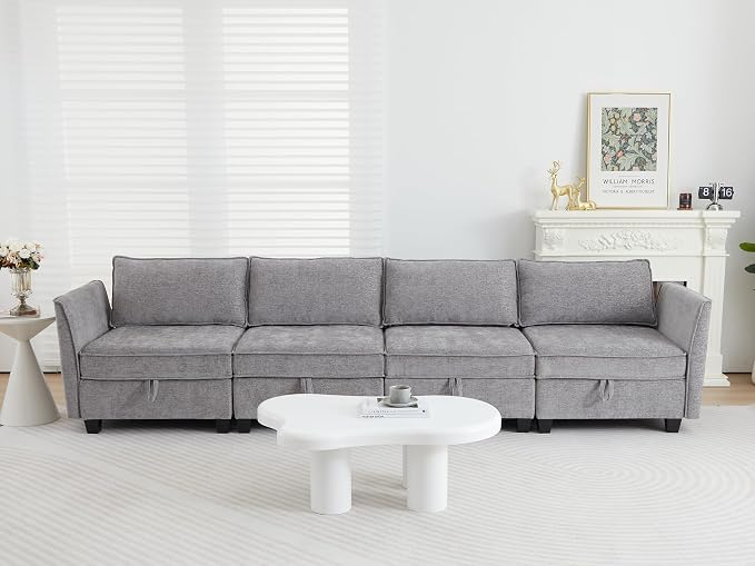 Modular Sectional Sofa, Convertible Couch with Storage, 4 Seater Sofa Modular with Reversible Chaise for Living Room, Office (Grey)