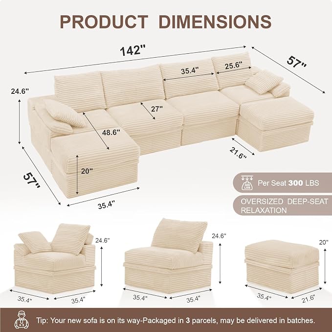 142" Modular U-Shaped Sectional Sofa with Storage, 4-Seat Corduroy Boneless Couch, 27" Deep Seat Cloud Couch & 2 Movable Ottoman, Tool-Free Assembly, Couch for Living Room, Beige