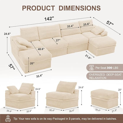 142" Modular U-Shaped Sectional Sofa with Storage, 4-Seat Corduroy Boneless Couch, 27" Deep Seat Cloud Couch & 2 Movable Ottoman, Tool-Free Assembly, Couch for Living Room, Beige