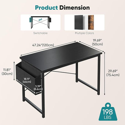 OLIXIS Computer Desk, 47 Inch Home Office Desks for Small Spaces, Writing Craft Study Gaming Table for Bedroom, Modern Computer Workstation with Storage Bag, Black