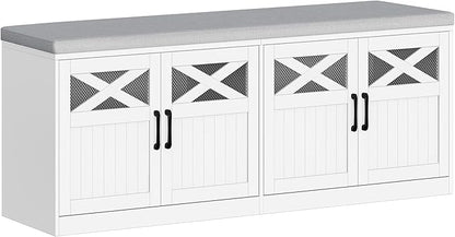 Hzuaneri 2 Tier Shoe Storage Bench with Doors, 47.2" Farmhouse Shoe Bench with Padded Cushion, 12 Pairs of Bed End Bench, Entryway Bench with Storage for Bedroom, Living Room, White SB61203X