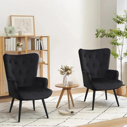 Furnimart Accent Chairs Set of 2, Black Velvet Reading Armchairs with High Backrest, Wingback Corner Chairs - Mid Century Modern for Living Room, Bedroom, Waiting Room
