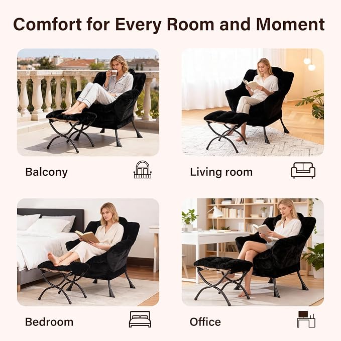 Lazy Chair with Ottoman, Modern Accent Chair Sofa Chair with Armrests, Reading Chair and Folding Footstool for Living Room, Bedroom, Office, Plush Black
