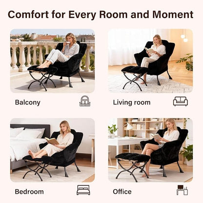 Lazy Chair with Ottoman, Modern Accent Chair Sofa Chair with Armrests, Reading Chair and Folding Footstool for Living Room, Bedroom, Office, Plush Black