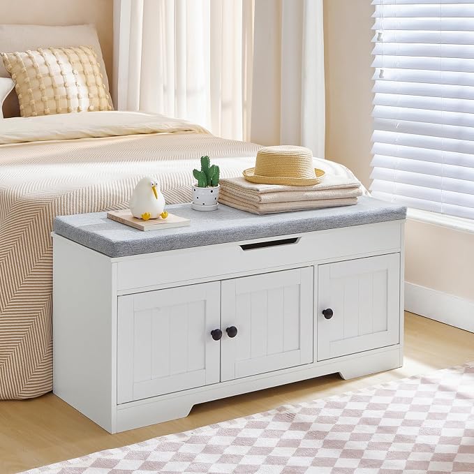 HOOBRO 39.4" Long Entryway Bench with Flip-Top Storage, 3 Tier Shoe Storage Bench with Thickened Padded Seat Cushion, Wooden Shoe Bench with 3 Barn Doors & Adjustable Shelf, White and Gray WG35HX01