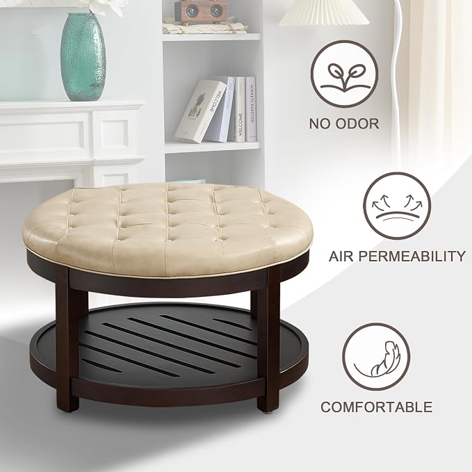 adochr Round Coffee Tables for Living Room,33’’ Storage Ottoman with Wooden Tray, Upholstered Ottoman Footrest, Ivory