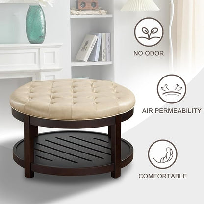 adochr Round Coffee Tables for Living Room,33’’ Storage Ottoman with Wooden Tray, Upholstered Ottoman Footrest, Ivory