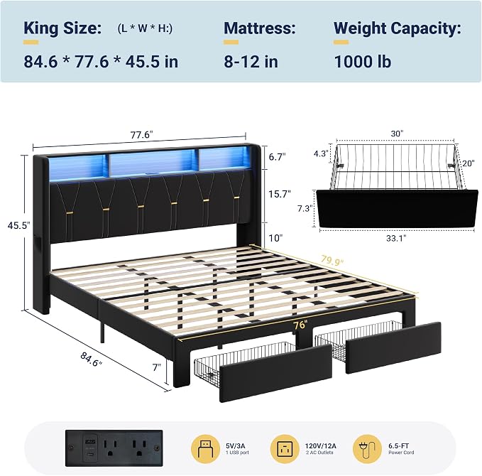 Allewie King Bed Frame with 2-Tier Storage Headboard, Charging Station & LED Lights, Velvet Upholstered Platform Bed with 2 Drawers, Wingback Headboard, Gold Button Tufted, No Box Spring Needed, Black