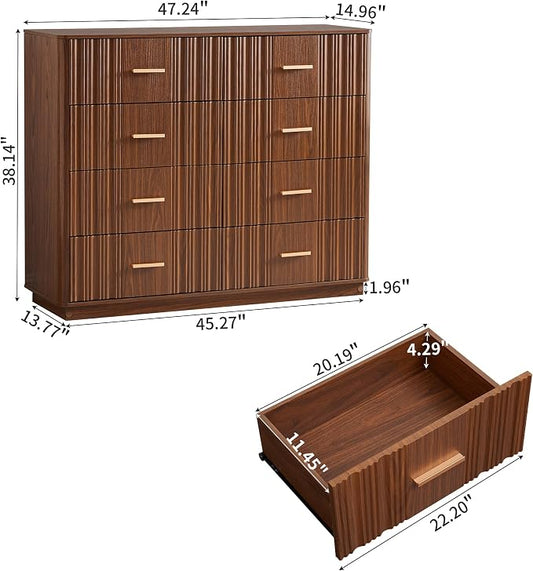 Fluted Dresser for Bedroom with 8 Drawers, 47" Wide Mid Century Modern Chest of Drawers, Wooden Dresser TV Stand, Wood Closet Clothes Storage Organizer for Living Room Hallway, Walnut