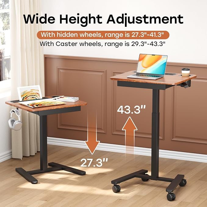Small Mobile Standing Desk with Drawer, 23.6"x19.7" Rolling Laptop Cart on Wheels, Height Adjustable Sit Stand Computer Workstation with Storage for Compact Space, Dark Wood