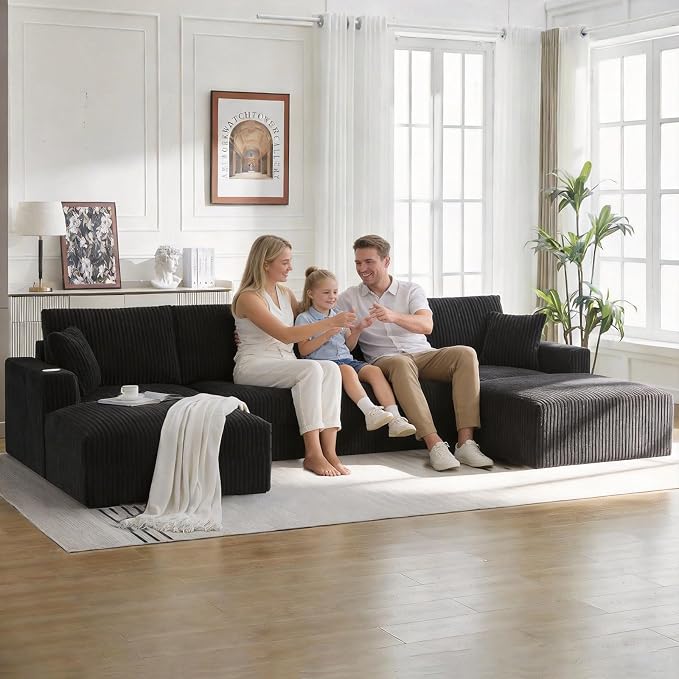 130" U-Shaped Modular Sectional Sofa with Chaise, Boneless Corduroy Flexible Module Seating for Living Room, Cloud Couch with Cup Holders and Side Pockets, No Assembly (Black)