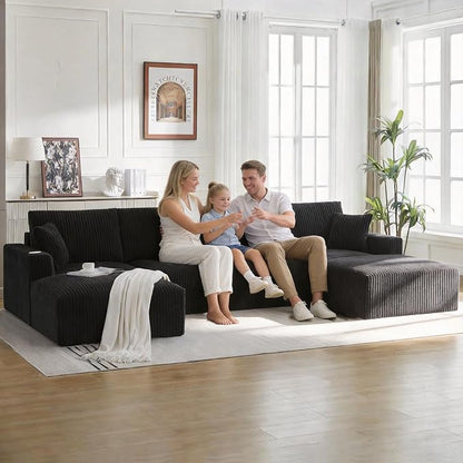 130" U-Shaped Modular Sectional Sofa with Chaise, Boneless Corduroy Flexible Module Seating for Living Room, Cloud Couch with Cup Holders and Side Pockets, No Assembly (Black)