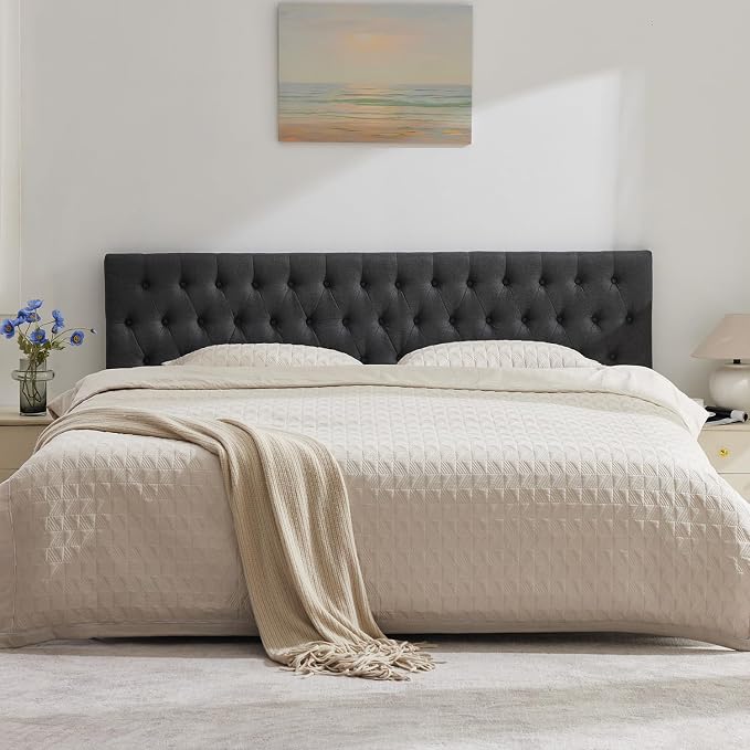 Tufted Upholstered Twin Size Bed Headboard in Modern Button Design, Adjustable Solid Wood Head Board, Premium Linen Fabric Padded Headboards in Bedroom (Dark Grey)