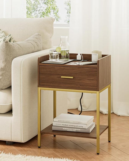 Masupu Nightstand with Charging Station, 3-Tier Modern Bedside Night Stand with Storage Drawer and Shelf, Small End Side Table for Bedroom, Living Room, Walnut