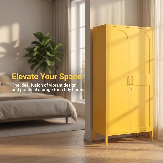 Lockable Yellow Tall Metal Wardrobe 67 Inch, Vintage Arched Door Steel Storage Cabinet with Adjustable Shelves & Leveling Feet for Home Office Bedroom Size：67" H x 31.5" W x 18.1" D
