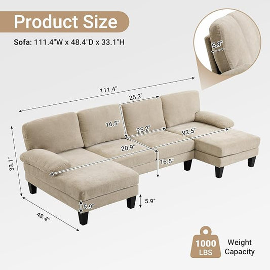 VINGLI 110" Sectional Couches for Living Room,U Shaped Couch with Double Chaise, 4-Seat Sofa Set with Chenille Fabric for Home Furniture,Light Khaki
