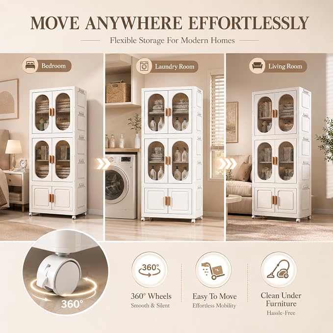 2-Tier Hanging Foldable Closet with Storage Bin, 3-Tier Portable Armoire Organizer, Modular Folding Cabinet with Doors & Wheels for Nursery Room Organization, Clear