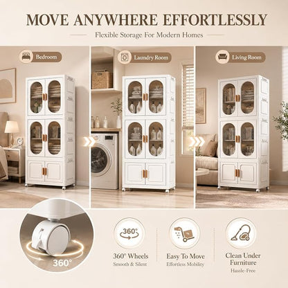 2-Tier Hanging Foldable Closet with Storage Bin, 3-Tier Portable Armoire Organizer, Modular Folding Cabinet with Doors & Wheels for Nursery Room Organization, Clear