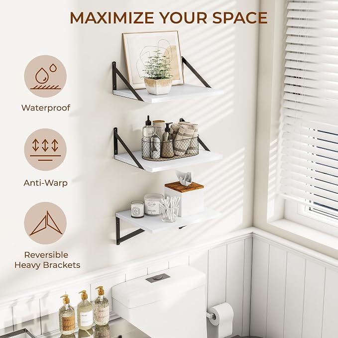 Heimlove Deep Floating Shelves for Wall, Wood Wall, Wide Floating Bookshelf for Living Room, Kitchen, Office, Bedroom and Decor Storage,White with Metal Bracket,16wx12dx5.8h,3Shelves