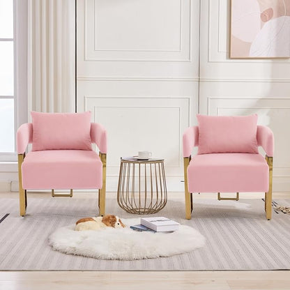 YISHENG Modern Barrel Accent Chairs Set of 2, Living Room Side Chairs with Golden Metal Legs Velvet Upholstered Reading Armchairs no Wheels for Vanity/Reception Room//Bedroom/Lounge/Office, Pink