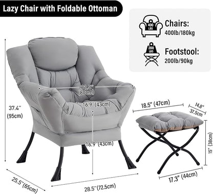 Furlide Lazy Chair with Ottoman, Modern Accent Chairs with Folding Footrest, Light Grey Sofa Chair Set, Comfortable Reading Chairs, Oversized Armchairs for Bedroom, Study, Living Room, Courtyard