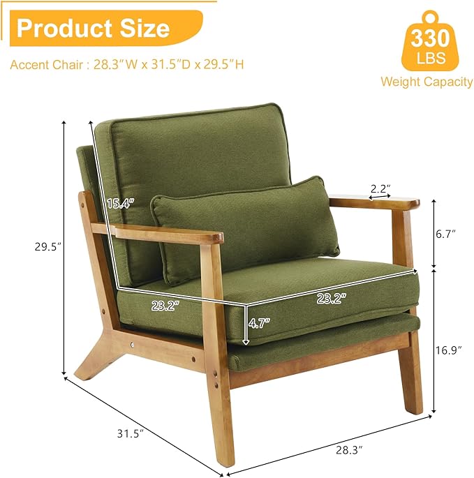 Karl home Mid-Century Lounge Accent Chair, Green | Wide Curved Armrest, Linen Fabric, Lumbar Pillow Included, Solid Wood Frame, For Living Room, Bedroom, Balcony, Apartment