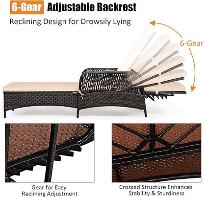 COSTWAY PE Rattan Chaise Lounge Chair, 6 Gear Adjustable Recliner with Armrest & Pillow, Wicker Outdoor Furniture for Deck, Patio (1, Beige)