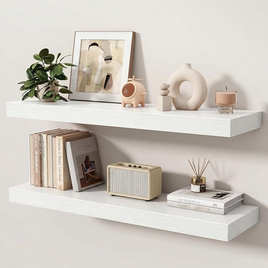 Floating Shelves for Wall, 36 Inch x 8 Inch Deep Wall Mounted Wood Shelf with Invisible Brackets for Storage & Display, Living Room Bedroom Kitchen, White, Set of 2