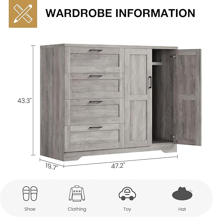 GarveeHome Multifunctional Wooden Dresser for Bedroom, 43.3 in H 2 Door Wardrobe Armoire Closet with 4 Drawers and Hanging Rod, Low Storage Cabinet for Hanging Cloth, Gray
