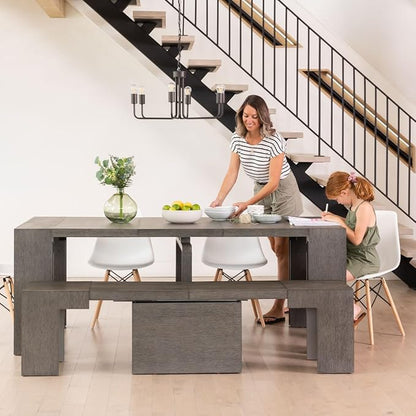Transformer Table - Solid Wood Extendable Dining Table, Seats 2-12, Expandable Dining Room Table, Space-Saving Furniture, Kitchen and Dining Room Furniture (Dark Grey, Table + Bench)