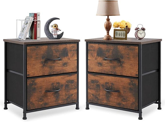 DUMOS Nightstand Set of 2, Small Dresser with 2 Fabric Drawers, End Table | Bedroom Kids Bedside Storage Furniture for 25 inch Tall Night Stand, Dorm, Rustic Brown