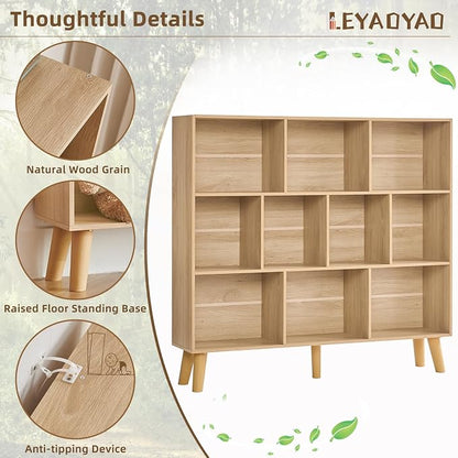 LEYAOYAO 10 Cube Bookshelf,3 Tier Modern Wide Bookcase with Legs,Mid-Century Wood Bookshelves Storage,Light Wood Large Book Case,Freestanding Organizer Display Shelf for Bedroom,Living Room,Office