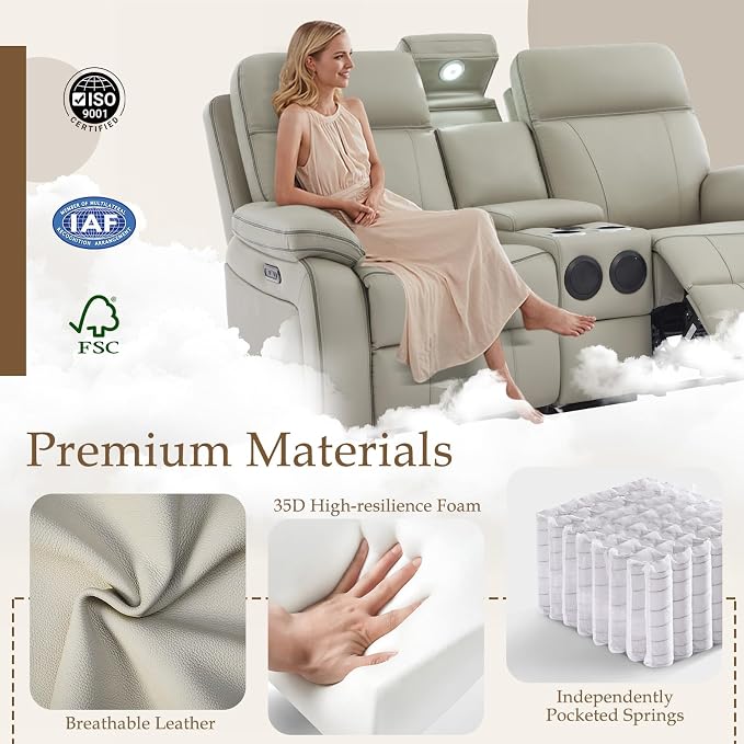 Power Reclining Loveseat with LED Reading Light/Storage Drawer/Bluetooth Speakers, Power Loveseat Recliner Sofa Wall Hugger Reclining Loveseat with Outlets(Grey, 2 Seat with Console)