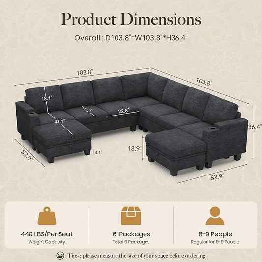 Belffin Modular Sectional Sofa Couch with Storage U Shape Convertible Corner Couches for Living Room Dark Grey Couch