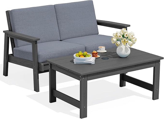 SERWALL Outdoor Loveseat, Grey Frame and Grey Cushion