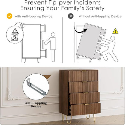 Masupu 4 Drawer Dresser, Drawer Chest, Tall Storage Dresser Chest Cabinet Organizer Unit with Gold Metal Legs, Nightstand for Bedroom, Living Room, Closet, Hallway Walnut Stripe